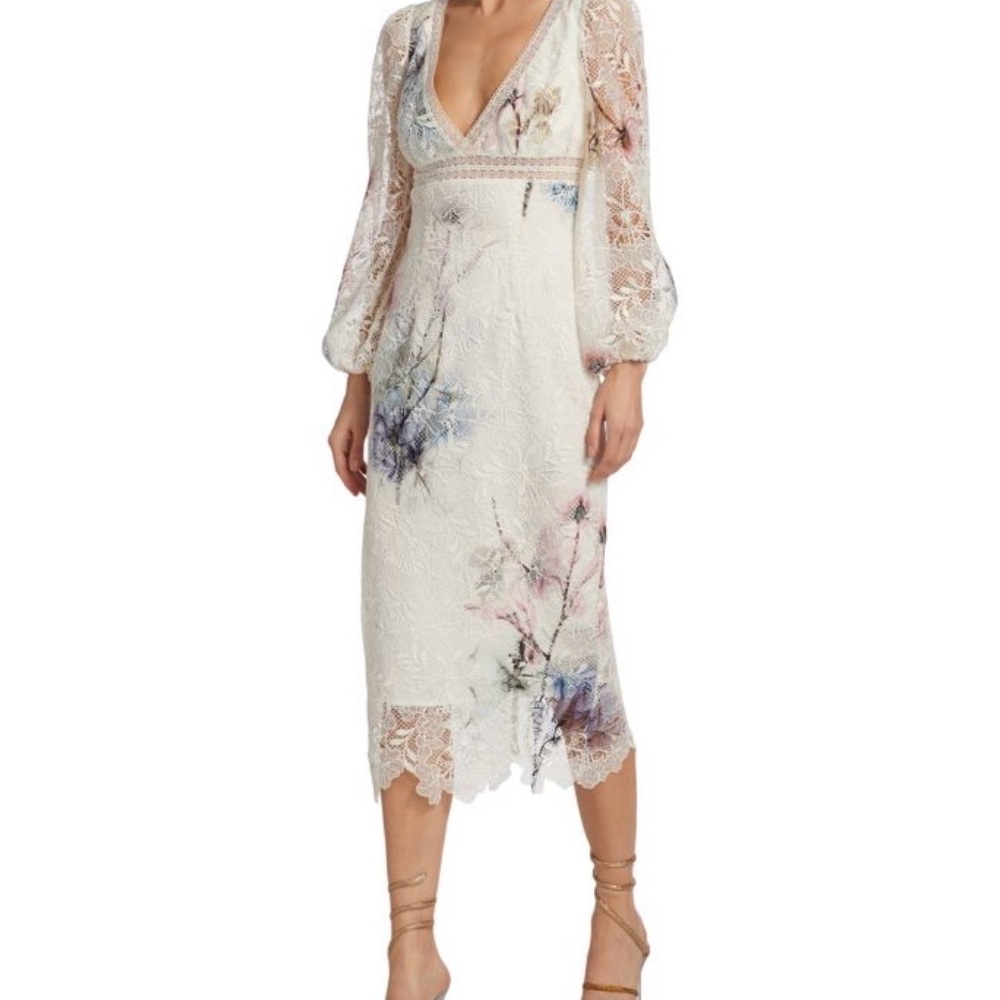 Monique Lhuillier White Floral Lace Long Sleeve Dress